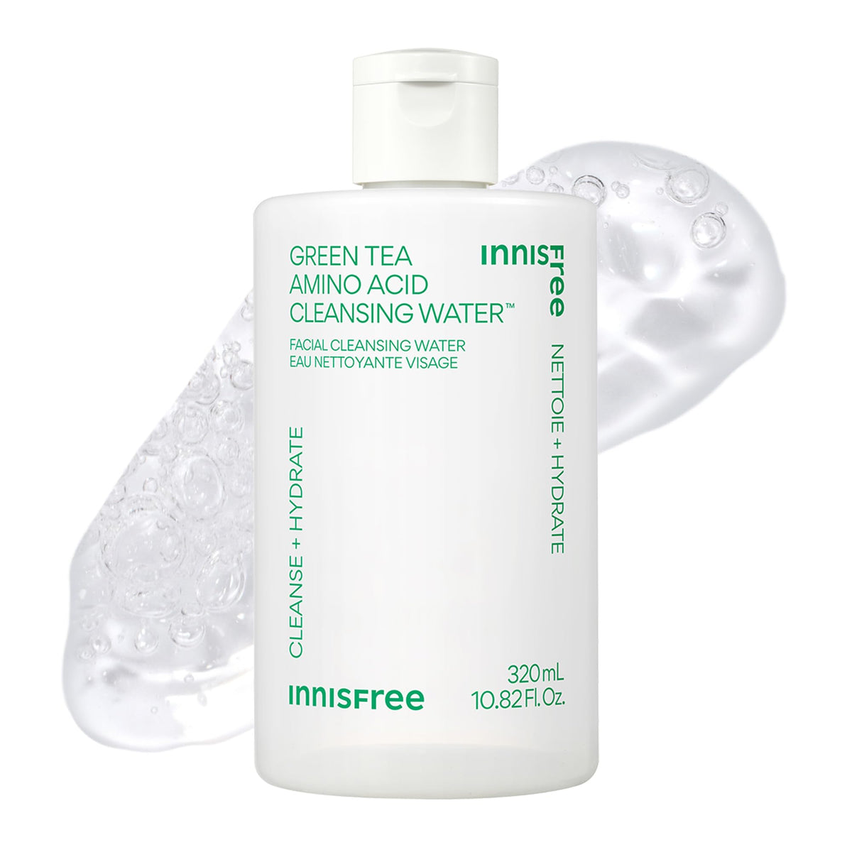 Innisfree Green Tea Amino Acid Cleansing Water bottle highlighting hydration-friendly cleansing