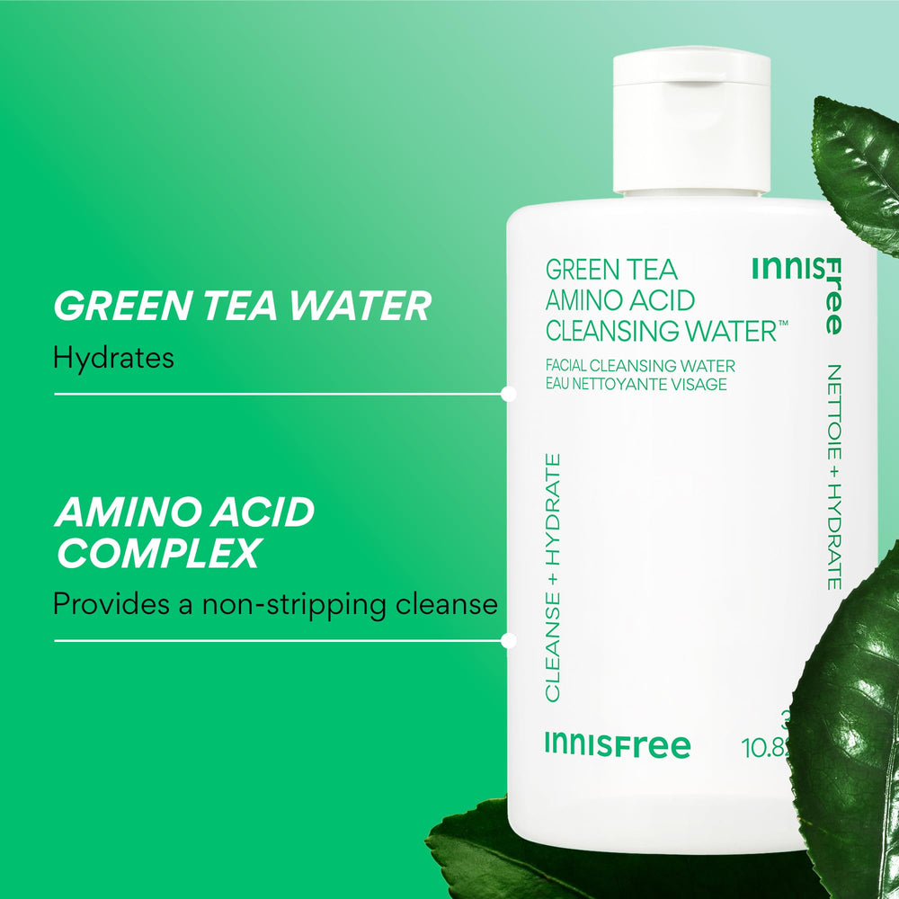 Innisfree cleansing water close-up shows gentle, low pH formula for skin