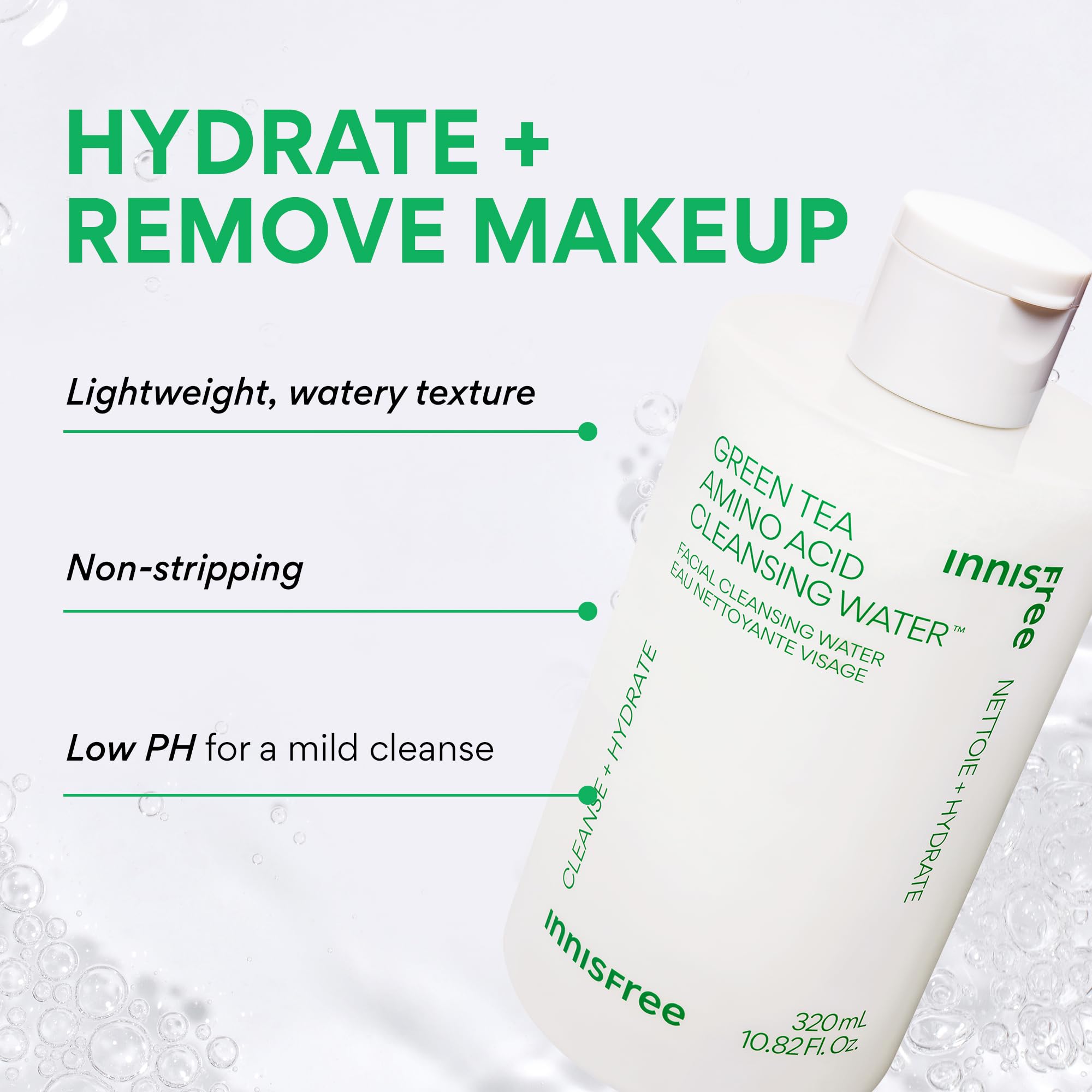 Innisfree Green Tea cleansing water pump display for easy 1–2 pump usage