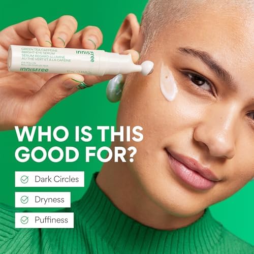 Innisfree Green Tea Caffeine Eye Serum being applied around the eyes for smooth absorption.