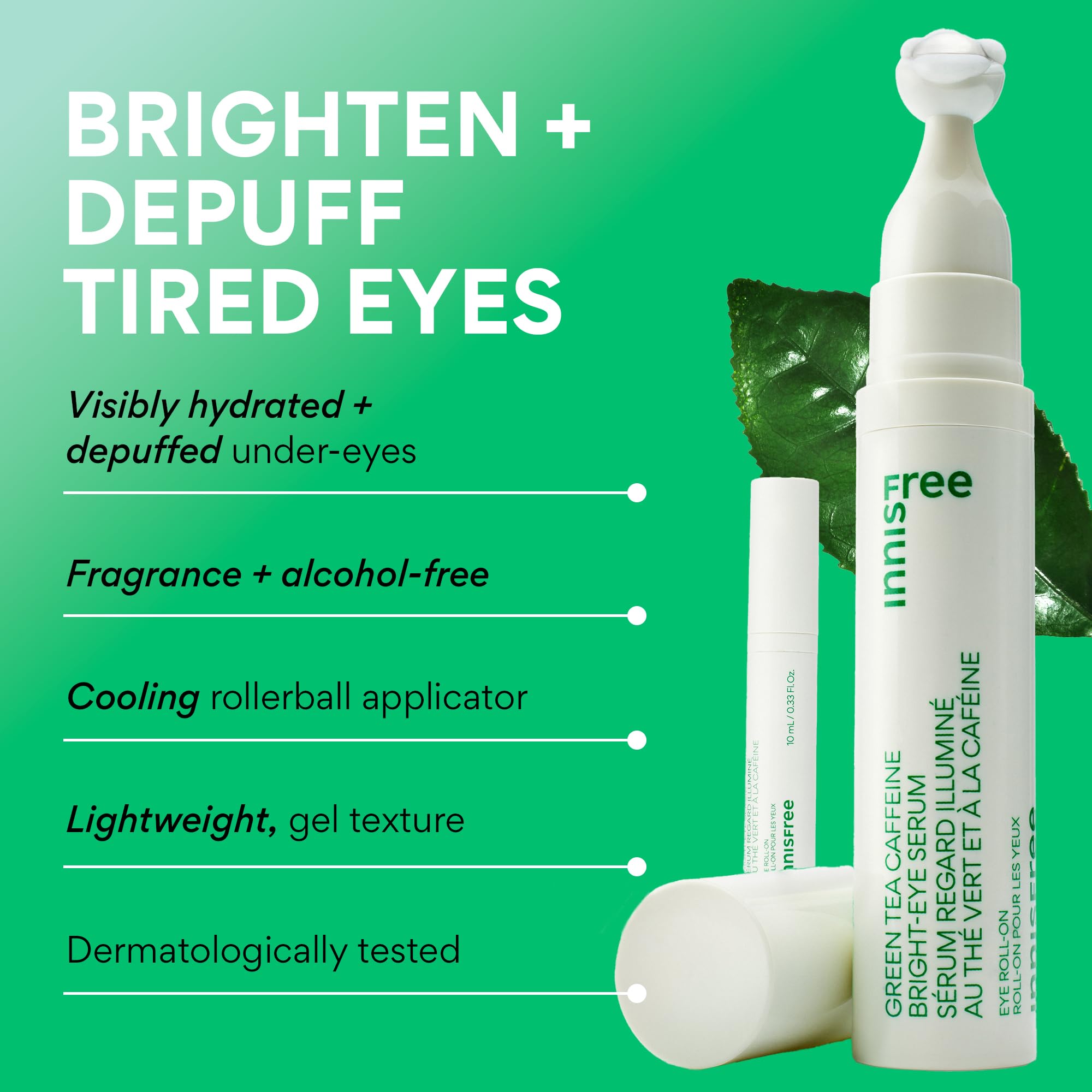 Innisfree Green Tea Caffeine Eye Serum showing hydration boost under the eye area.