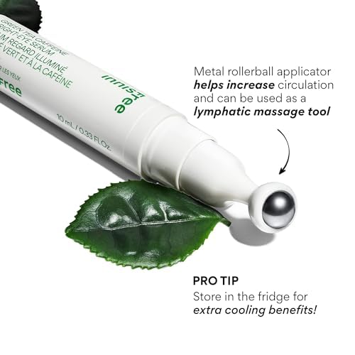 Innisfree Green Tea Caffeine Eye Serum packaging highlighting vegan formula and clean design.