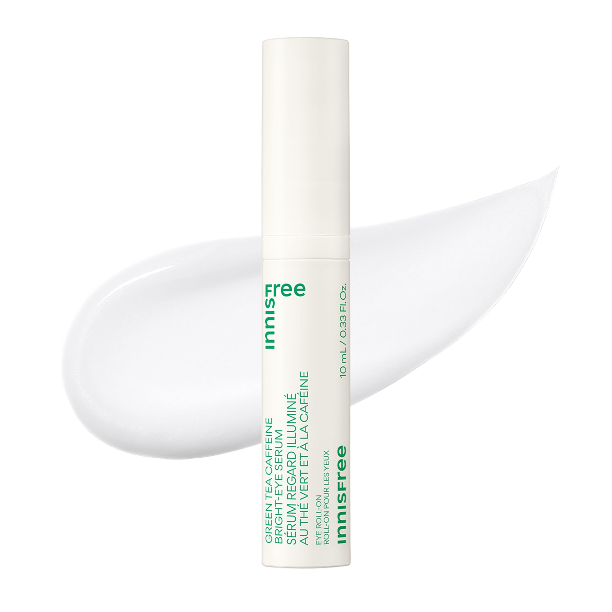 Innisfree Green Tea Caffeine Eye Serum rollerball close-up for cooling depuffing benefits.