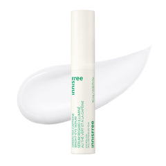 Innisfree Green Tea Caffeine Eye Serum rollerball close-up for cooling depuffing benefits.