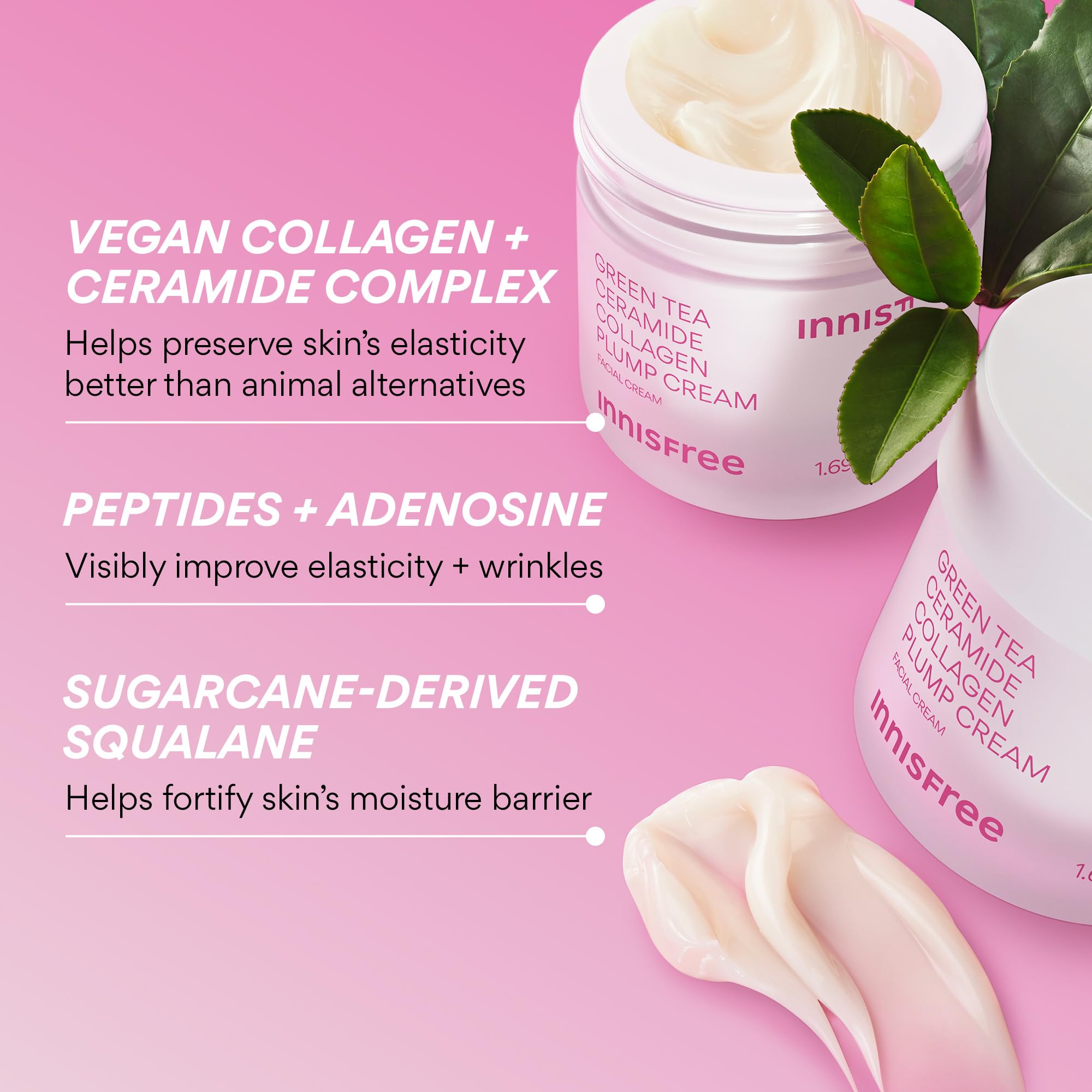 Innisfree Green Tea Ceramide Collagen Plump Cream jar with vibrant packaging close-up.