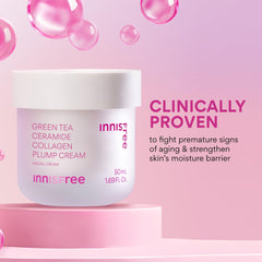 Innisfree Green Tea Ceramide Collagen Plump Cream smoothed onto skin after cleansing.