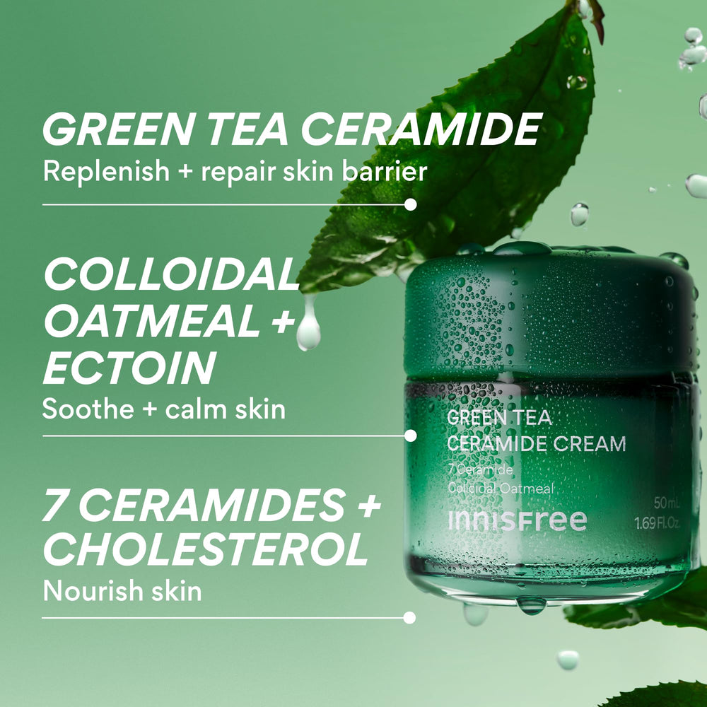 innisfree Green Tea Ceramide Cream applying onto palm demonstrates fast absorption