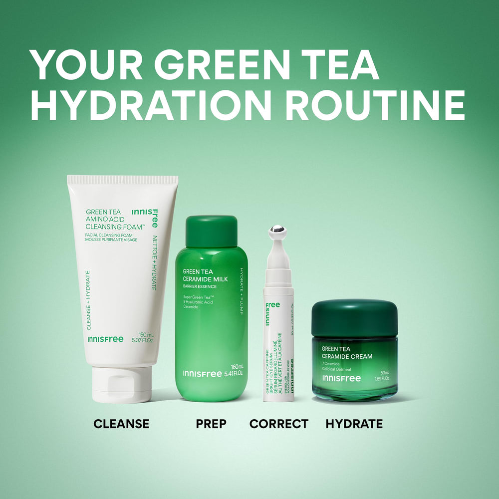 innisfree Green Tea Ceramide Cream on face during routine suggests daily barrier support