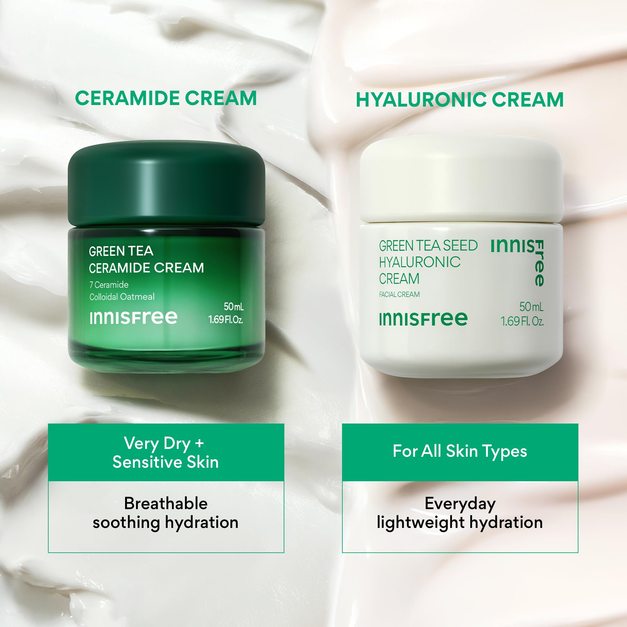 innisfree Green Tea Ceramide Cream bottle with green tea leaves highlights refreshing skincare