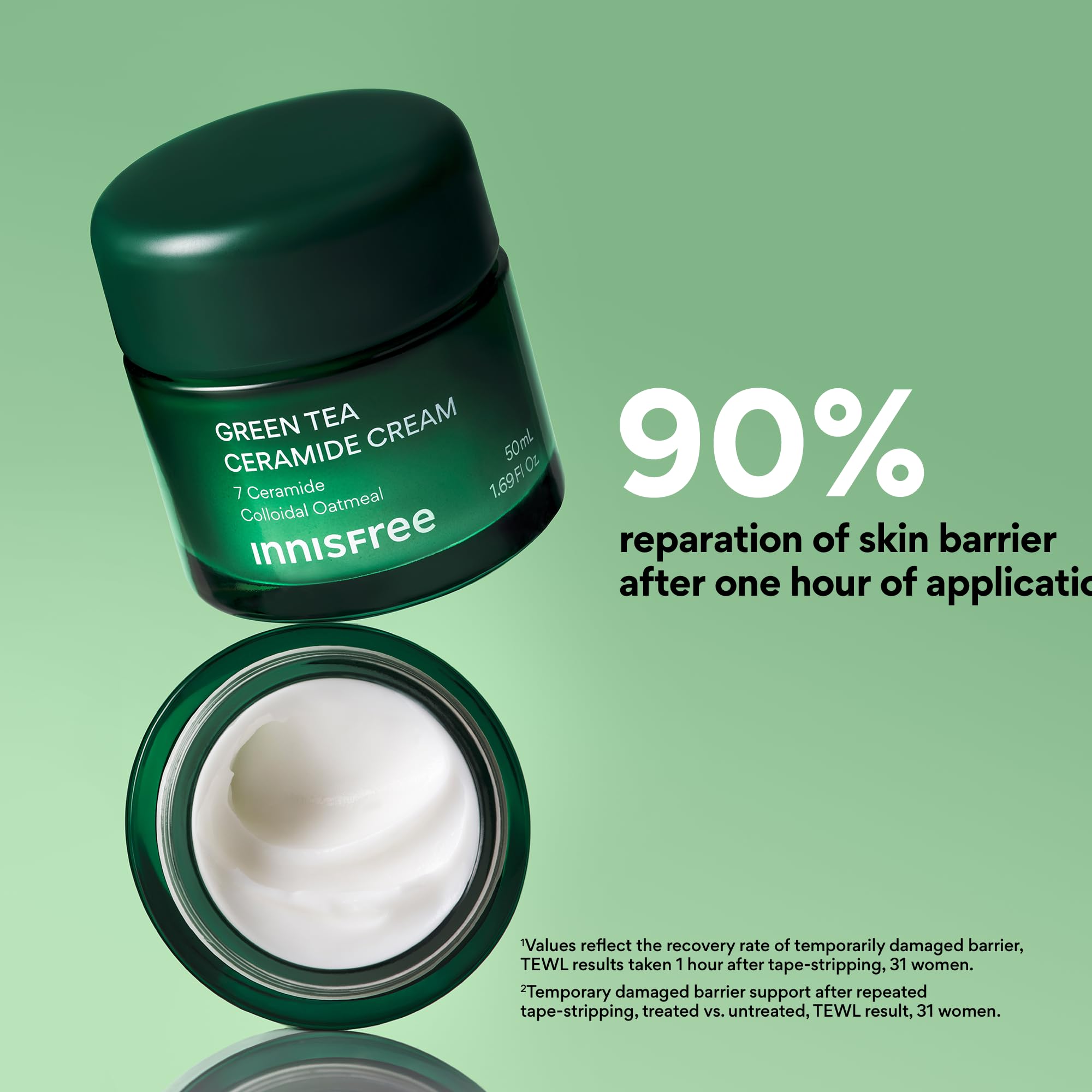 innisfree Green Tea Ceramide Cream jar side view highlights gentle hydration and packaging