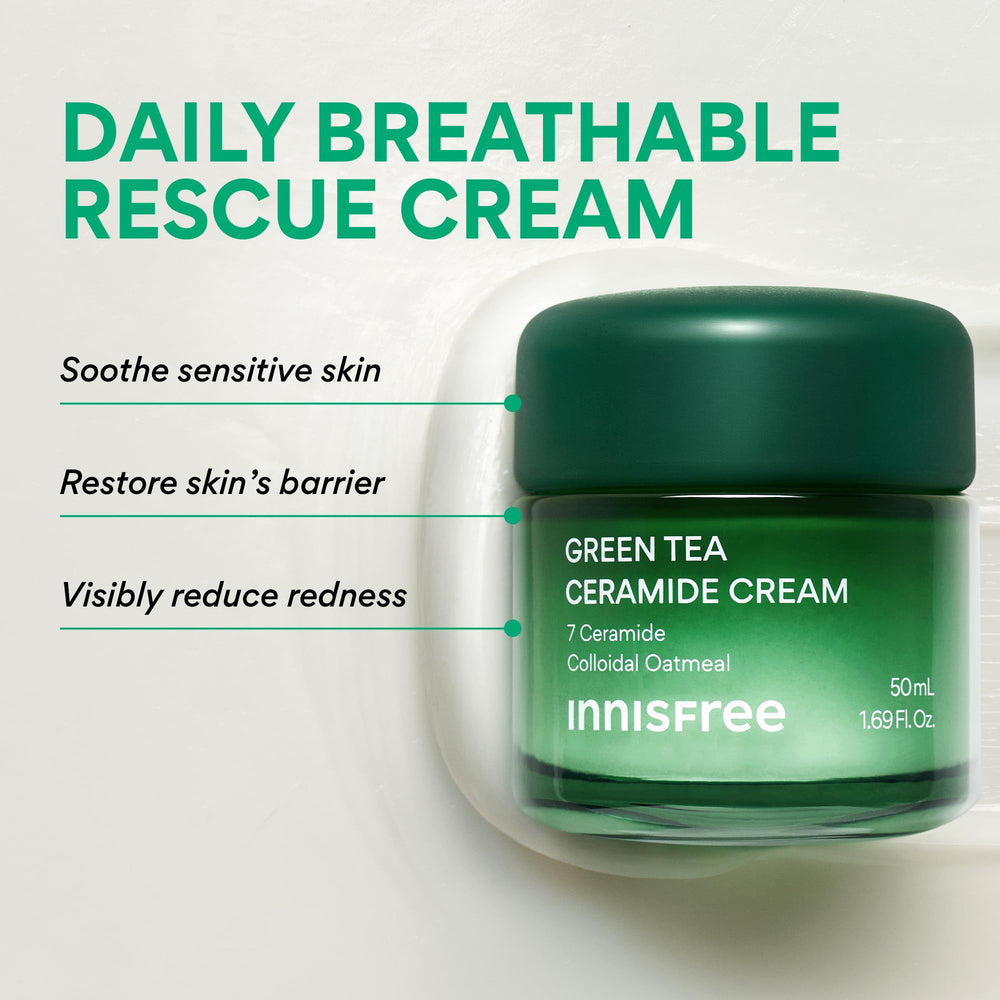 innisfree Green Tea Ceramide Cream texture closeup shows smooth non sticky feel