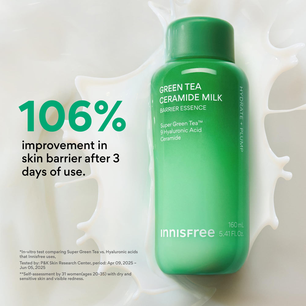 Innisfree Green Tea Ceramide Milk applied for a non-sticky, glassy finish.