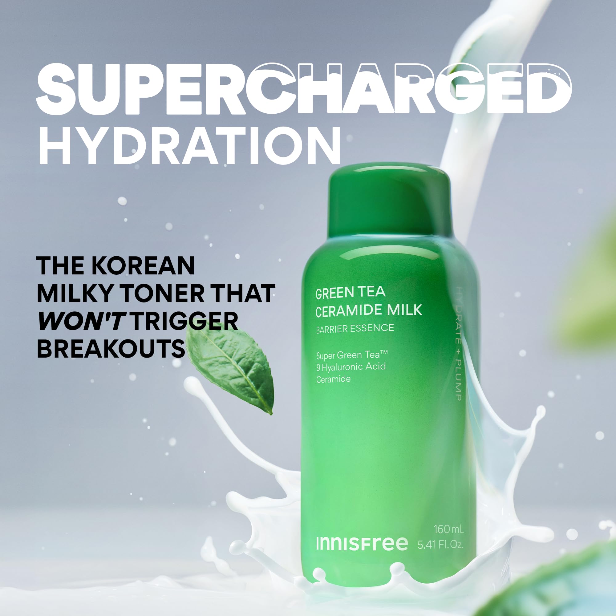 Milky texture close-up of Innisfree Green Tea Ceramide Milk promising quick absorption.