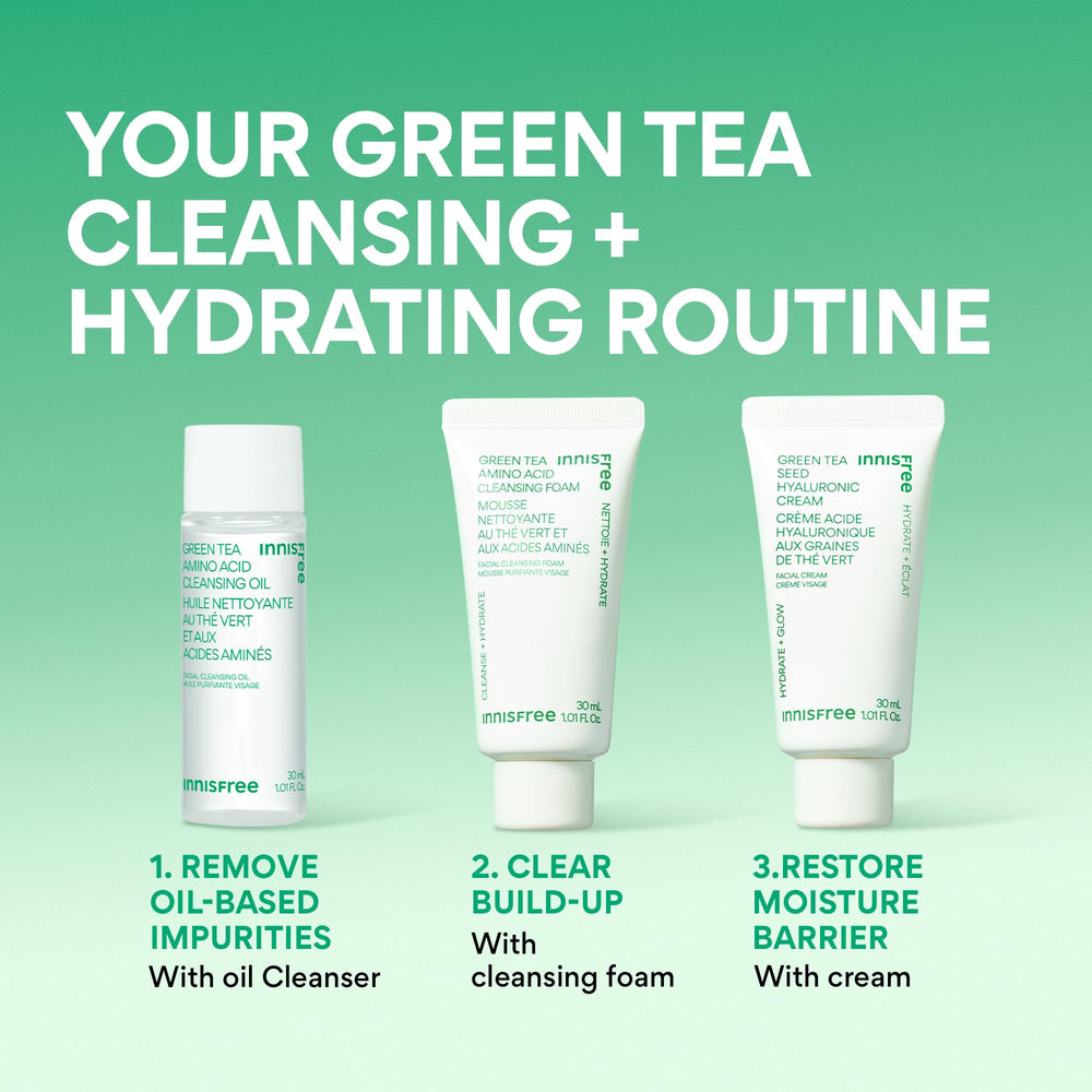 Innisfree green tea cream application closeup shows lightweight moisture