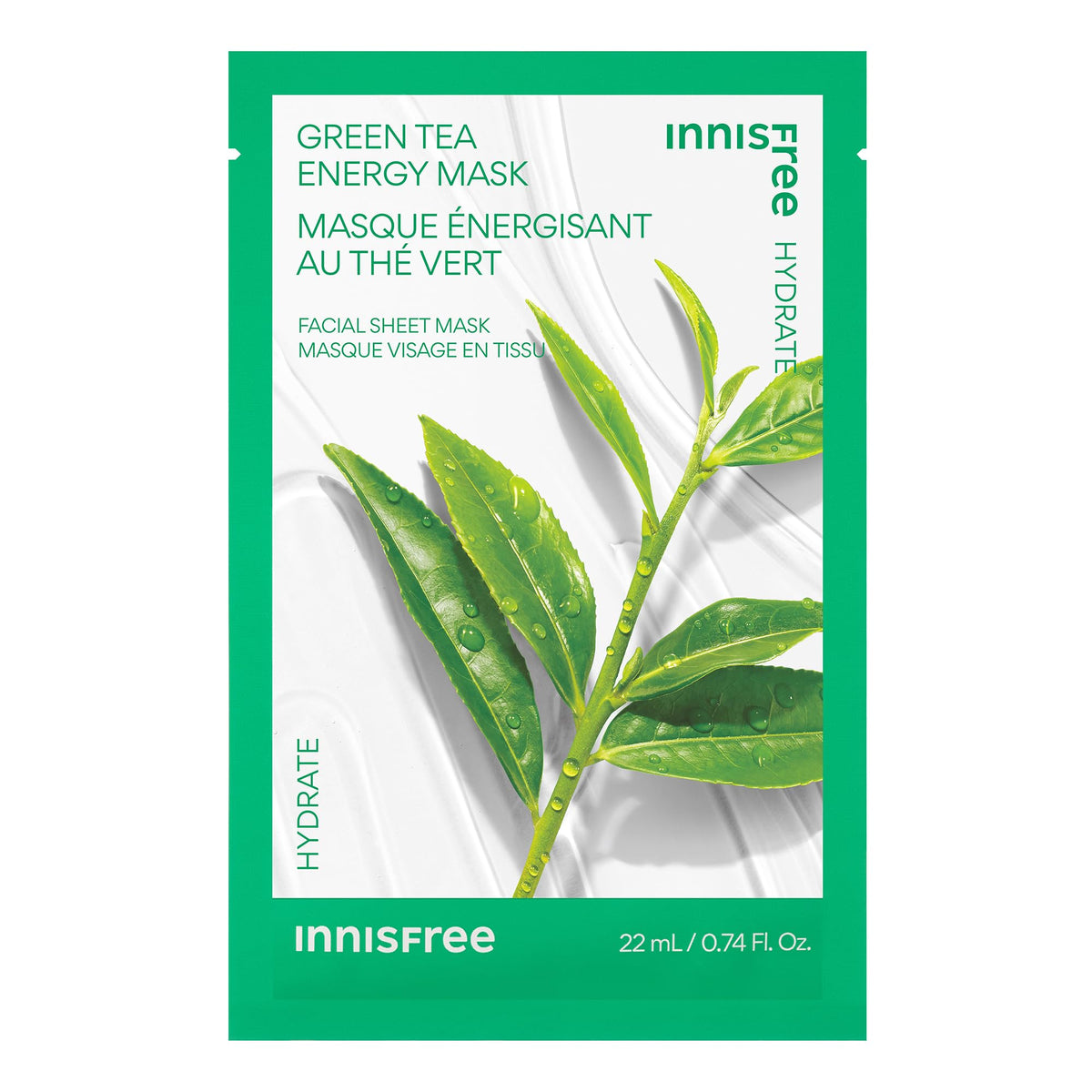 innisfree Green Tea Energy Mask packaging showing fresh design for hydration.