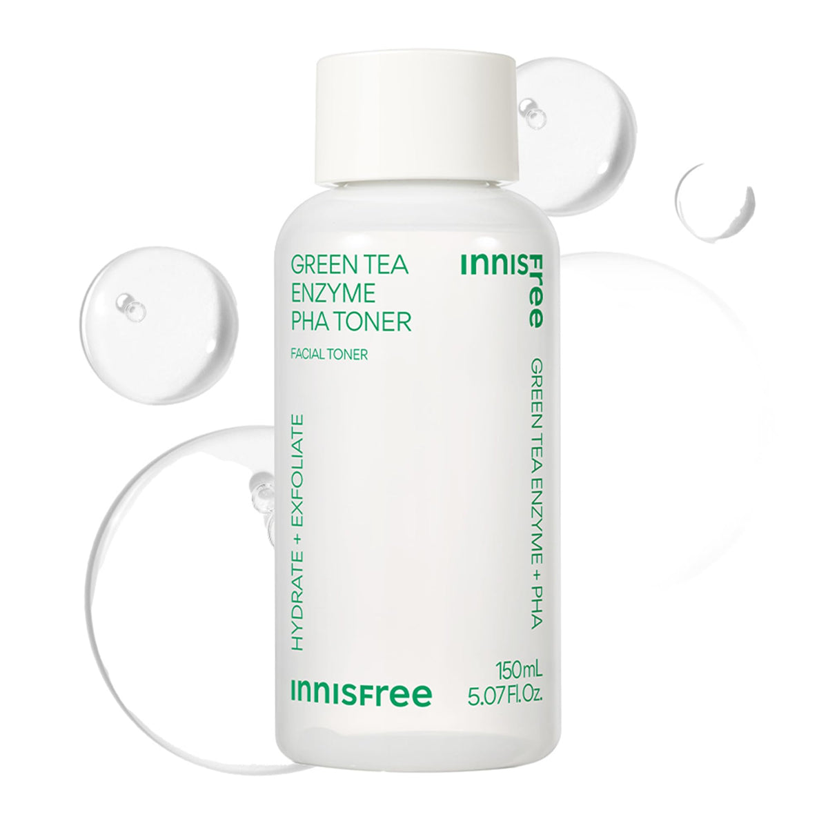 Innisfree Green Tea Enzyme PHA Toner bottle highlights hydrating exfoliation for all skin types