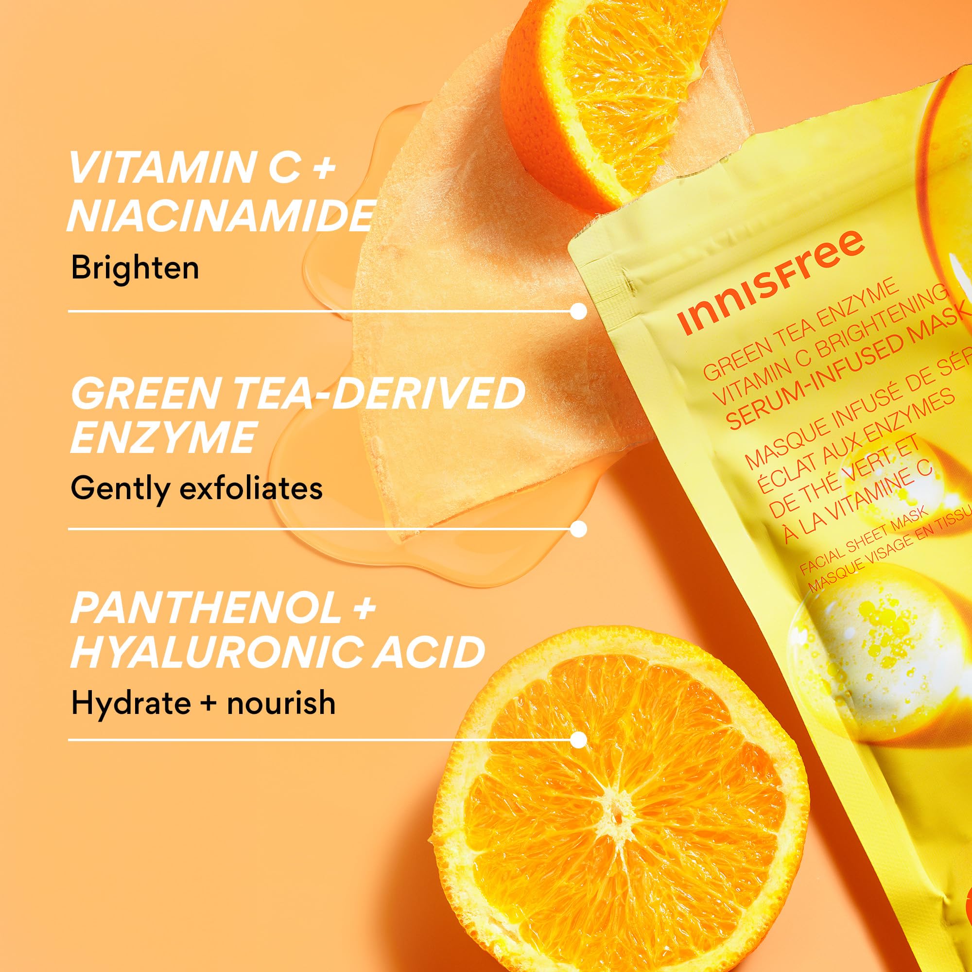 Innisfree mask applied evenly across the face for brightening.