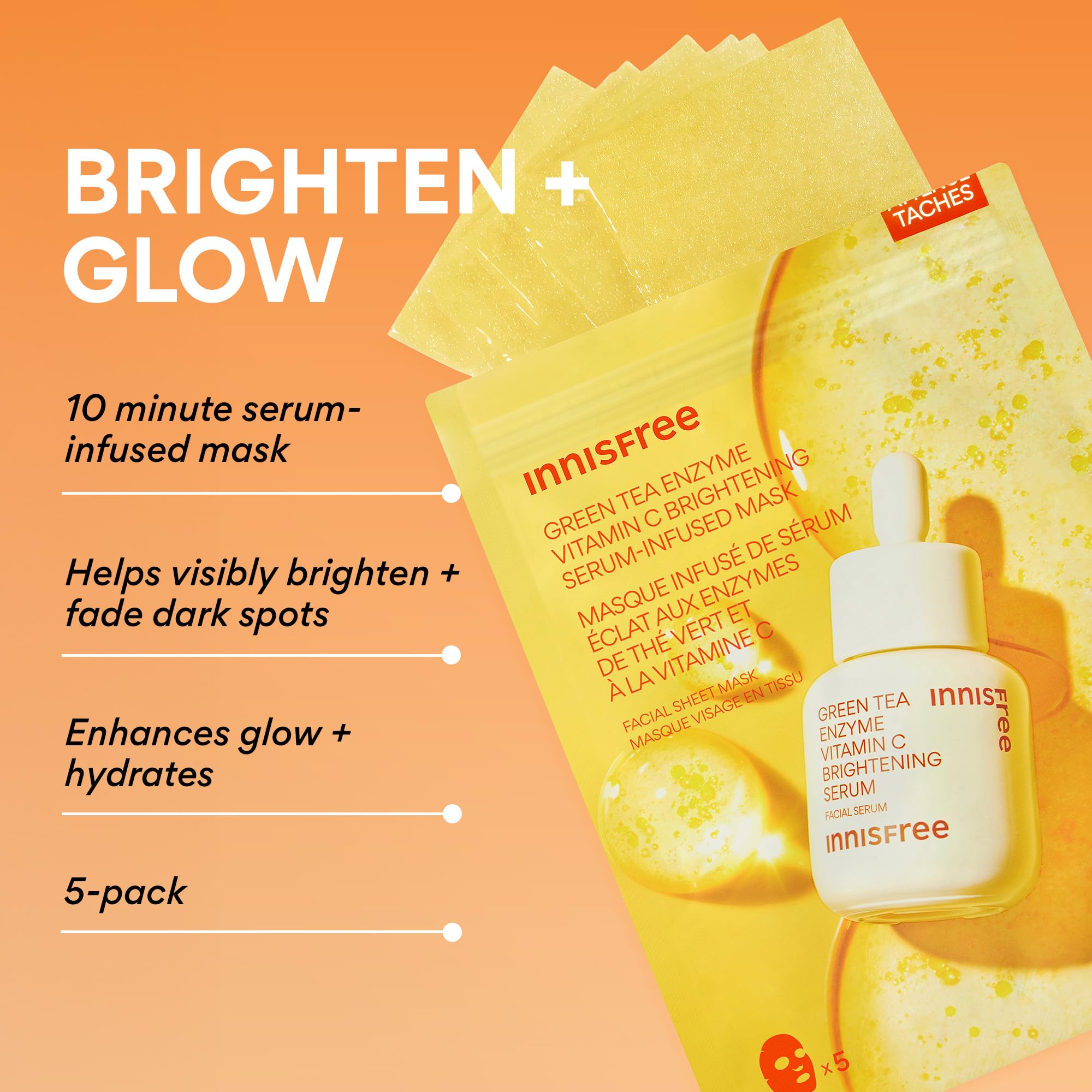 Innisfree brightening mask ingredients panel highlights vitamin C and green tea enzyme.