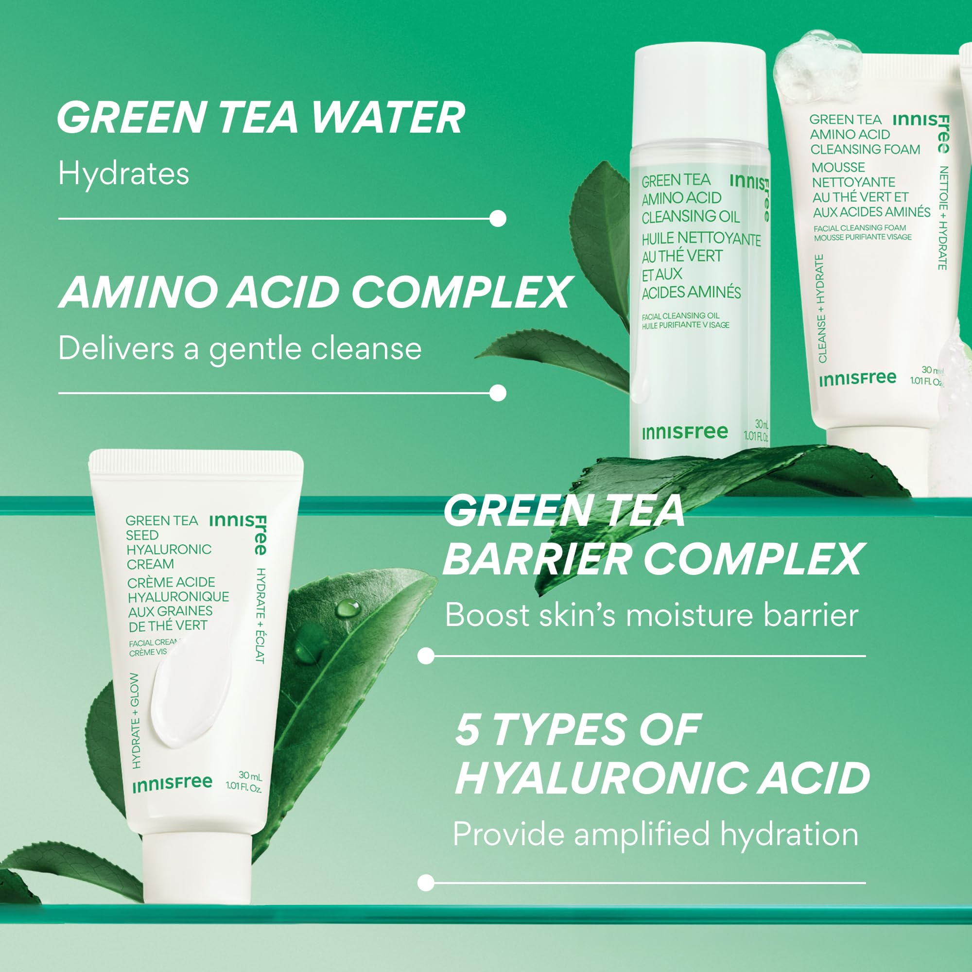 Innisfree green tea extract closeup emphasizing soothing hydration