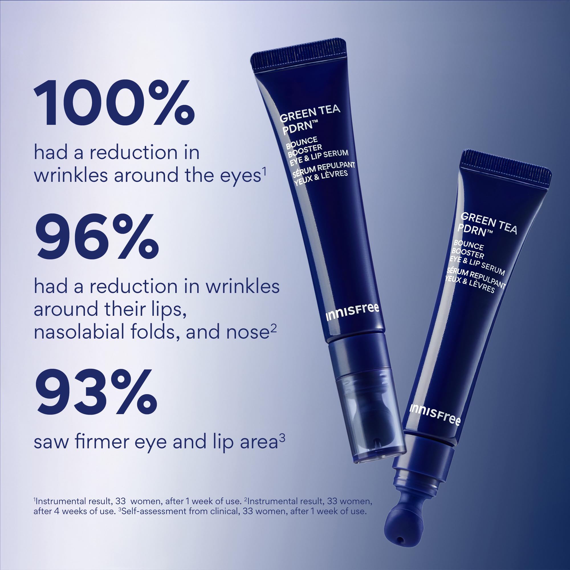 Innisfree eye area close-up reveals smooth texture and bounce potential.