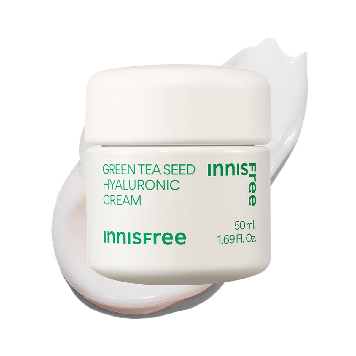 Innisfree Green Tea Seed Hyaluronic Acid Cream bottle demonstrates long-lasting hydration