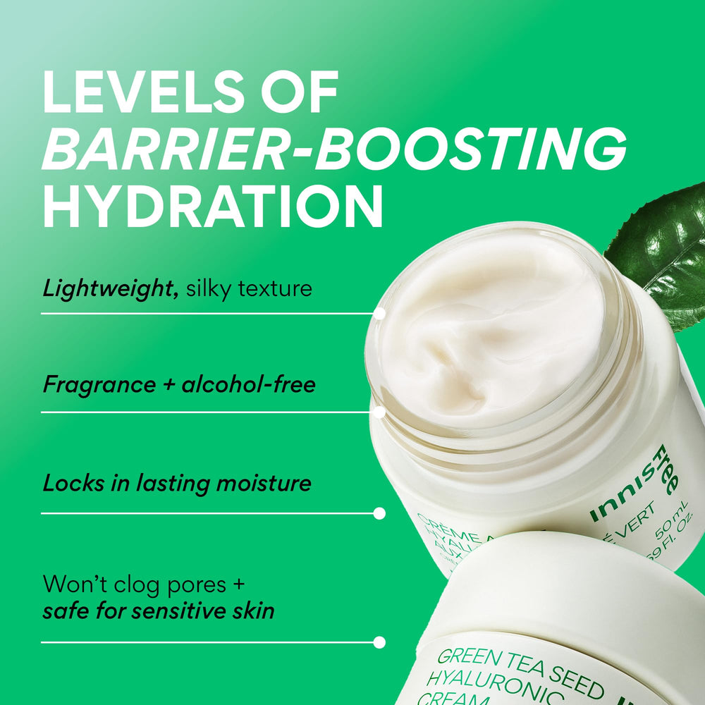 Innisfree Green Tea Seed Hyaluronic Acid Cream jar close-up showing creamy texture