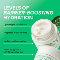 Innisfree Green Tea Seed Hyaluronic Acid Cream jar close-up showing creamy texture