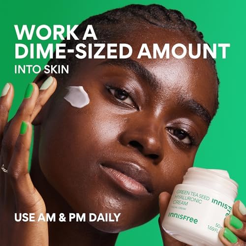 Innisfree Green Tea Seed Hyaluronic Acid Cream packaging highlights vegan formula
