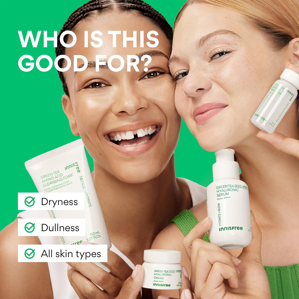 Innisfree Green Tea Seed Hyaluronic Cream jar spreads lightweight moisture.