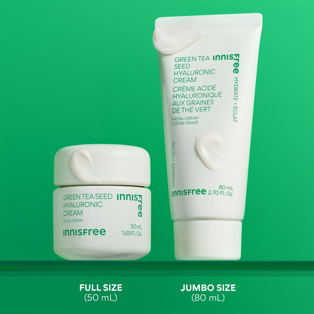innisfree Jumbo Green Tea Seed Hyaluronic Acid Cream jar closeup highlighting creamy texture for hydration