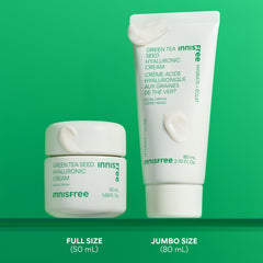 innisfree Jumbo Green Tea Seed Hyaluronic Acid Cream jar closeup highlighting creamy texture for hydration