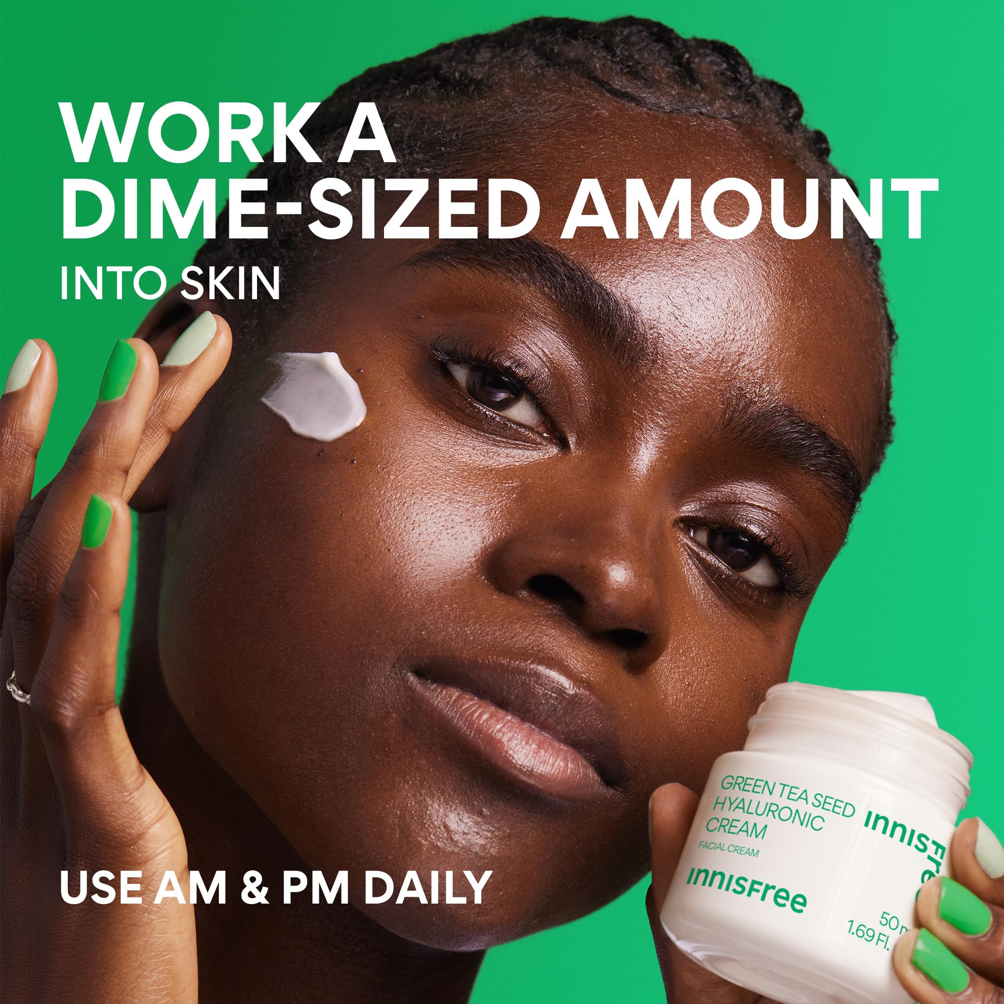 innisfree Jumbo Green Tea Seed Hyaluronic Acid Cream routine steps image for daily use