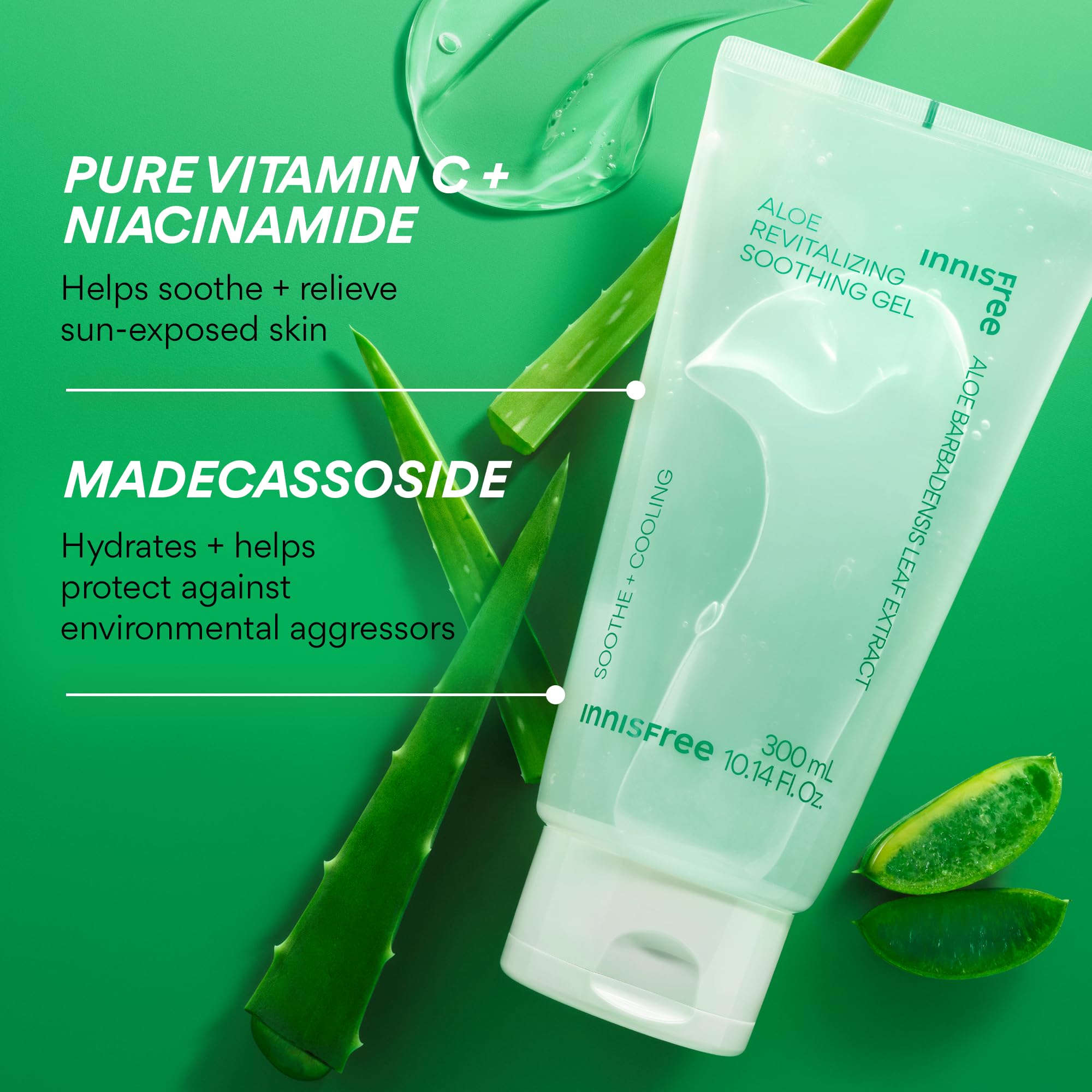 Innisfree Madecassoside soothing formula calms sensitive areas with light, fast-absorbing hydration.