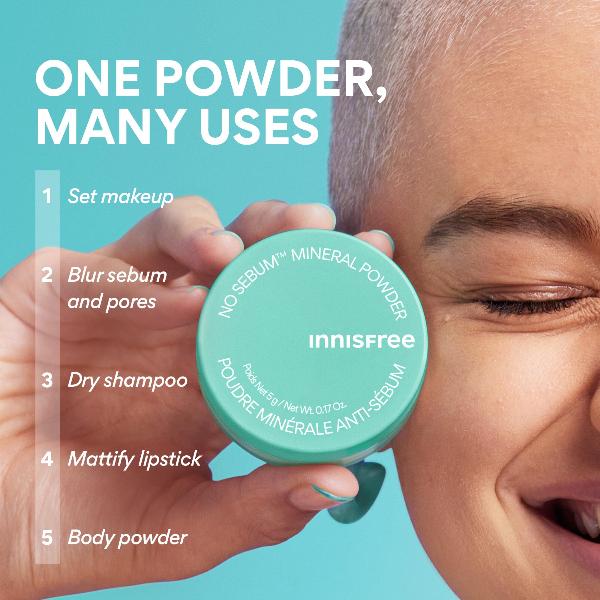 Innisfree No Sebum Matte Powder applied to face for smoothing matte finish.