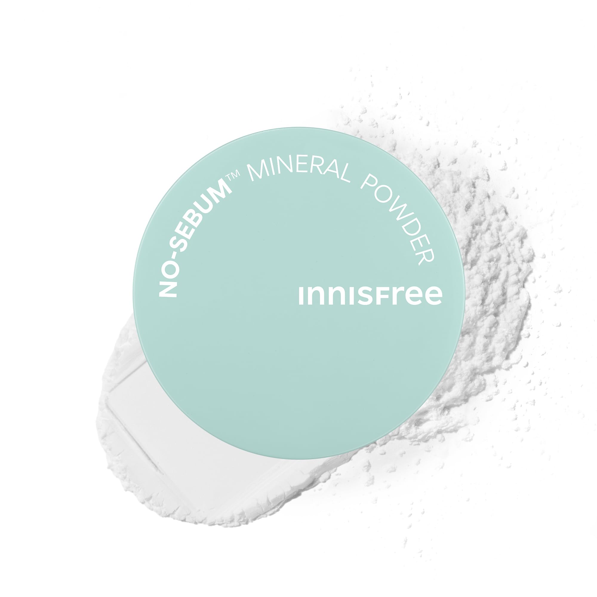 Innisfree No Sebum Matte Powder jar close-up showing oil absorption and pore blur.