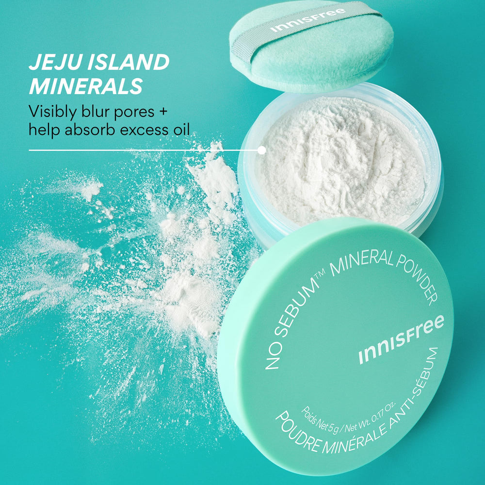 Innisfree No Sebum Matte Powder translucent swatch demonstrating shine control.