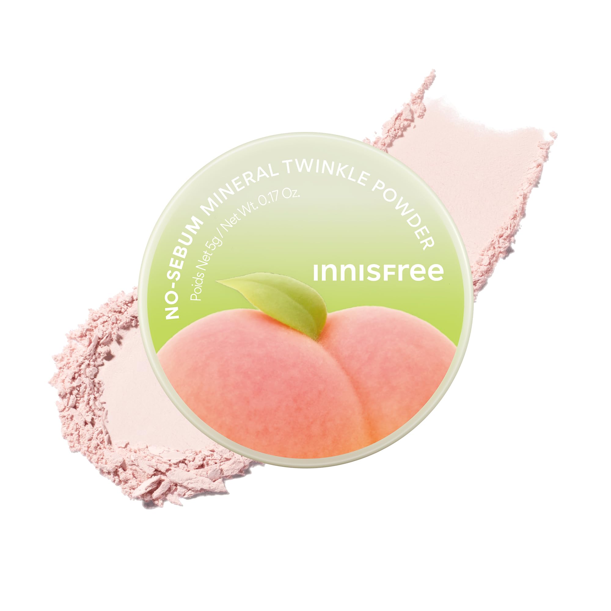 Innisfree No Sebum Powder pink shade swatch for oil control and brightening.