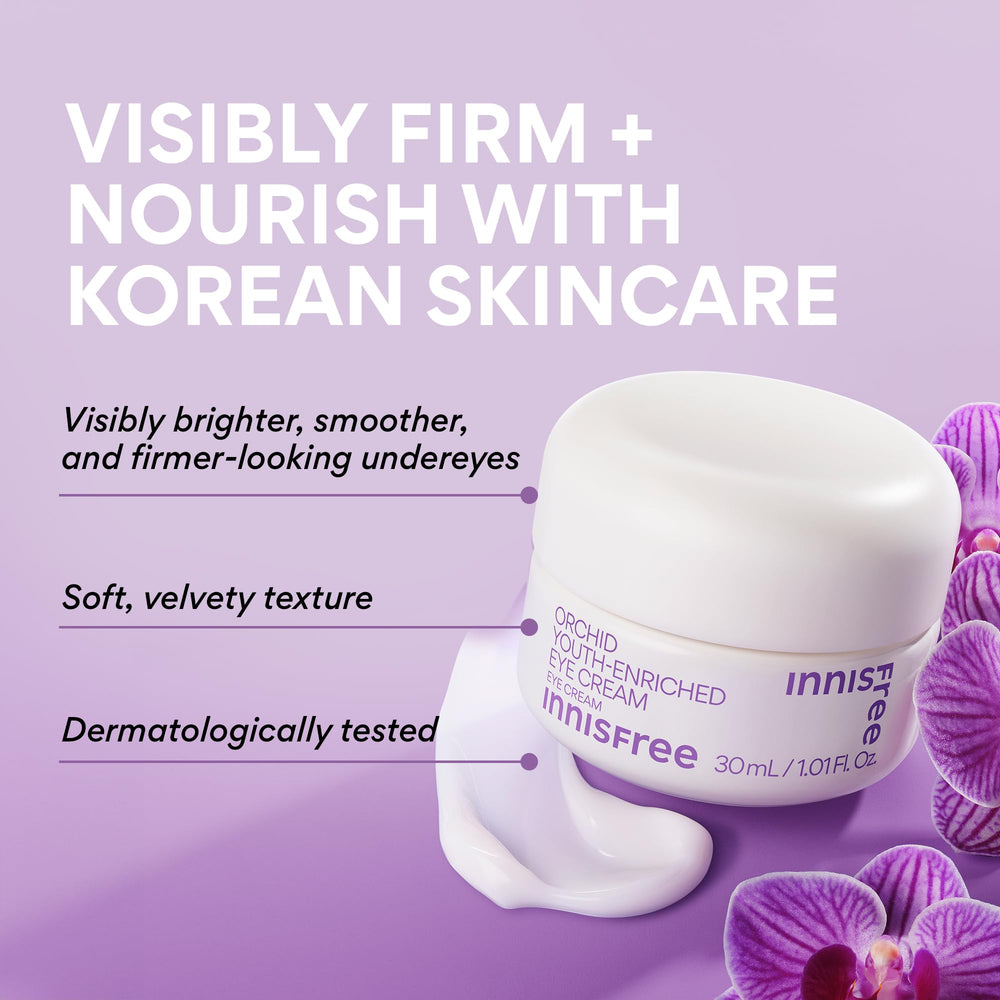Innisfree Orchid Eye Cream being patted around the eye area for depuffing.