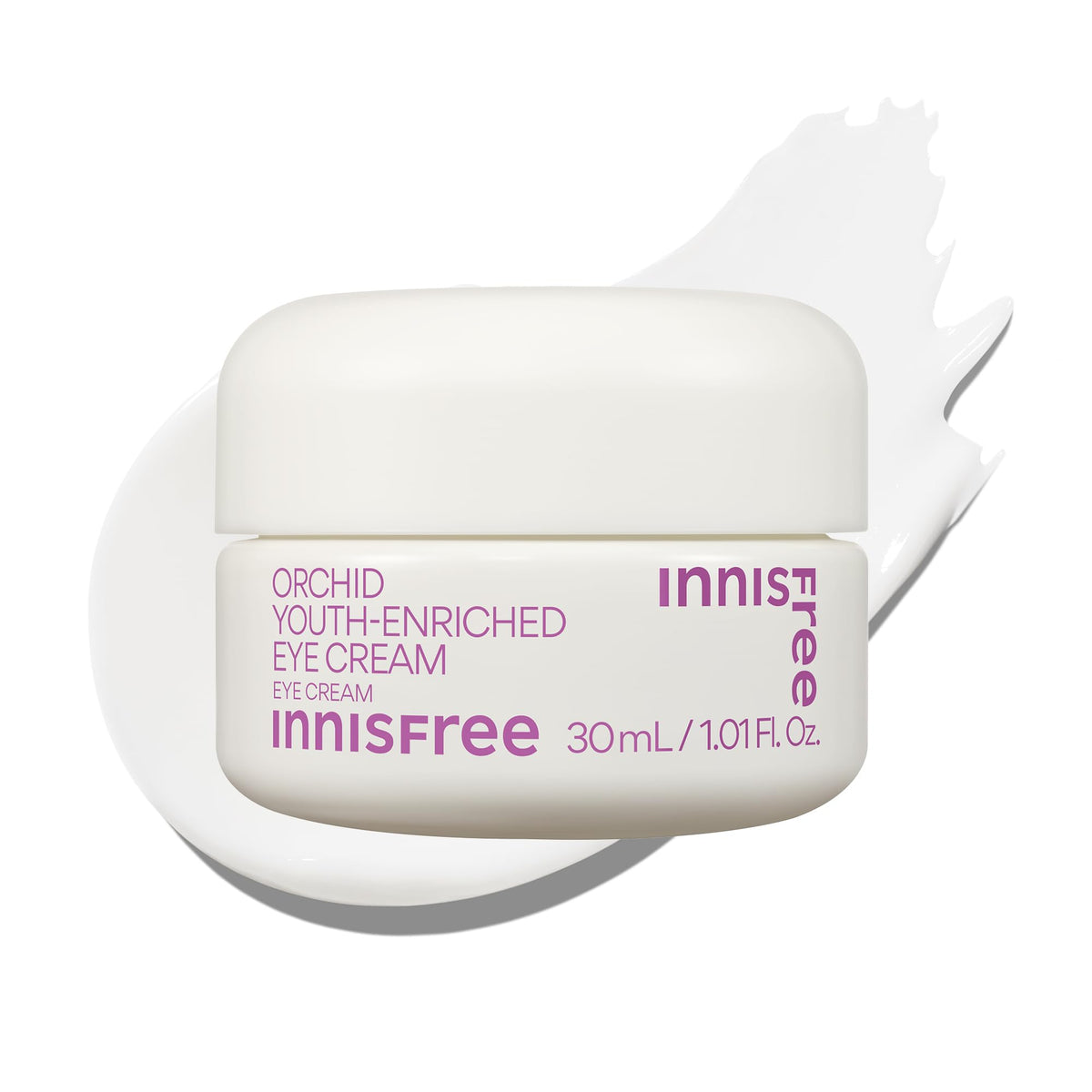 Innisfree Orchid Eye Cream jar closeup, showing a rich, brightening cream texture.