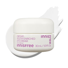 Innisfree Orchid Eye Cream jar closeup, showing a rich, brightening cream texture.