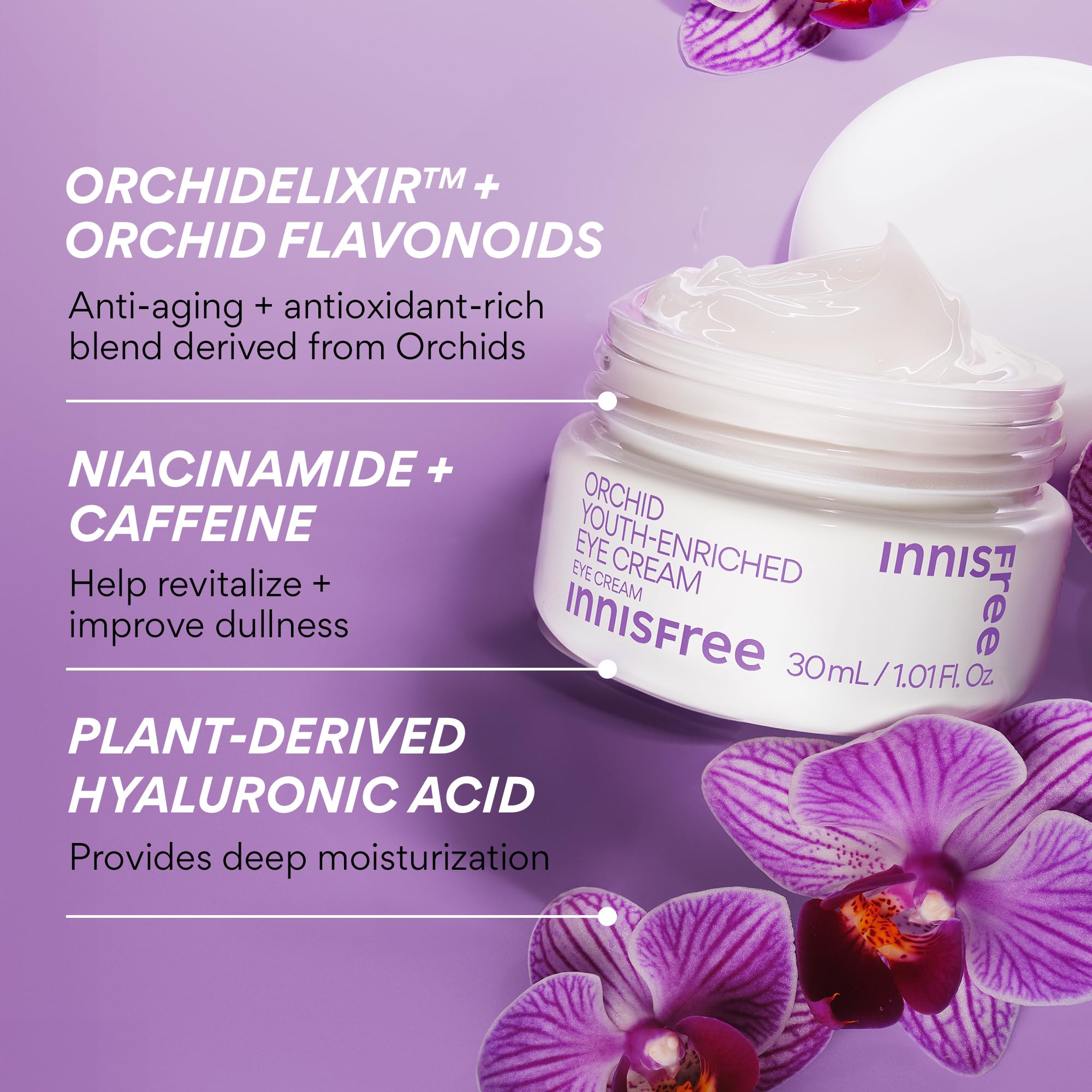 Innisfree Orchid Eye Cream packaging highlighting vegan, cruelty-free formula.