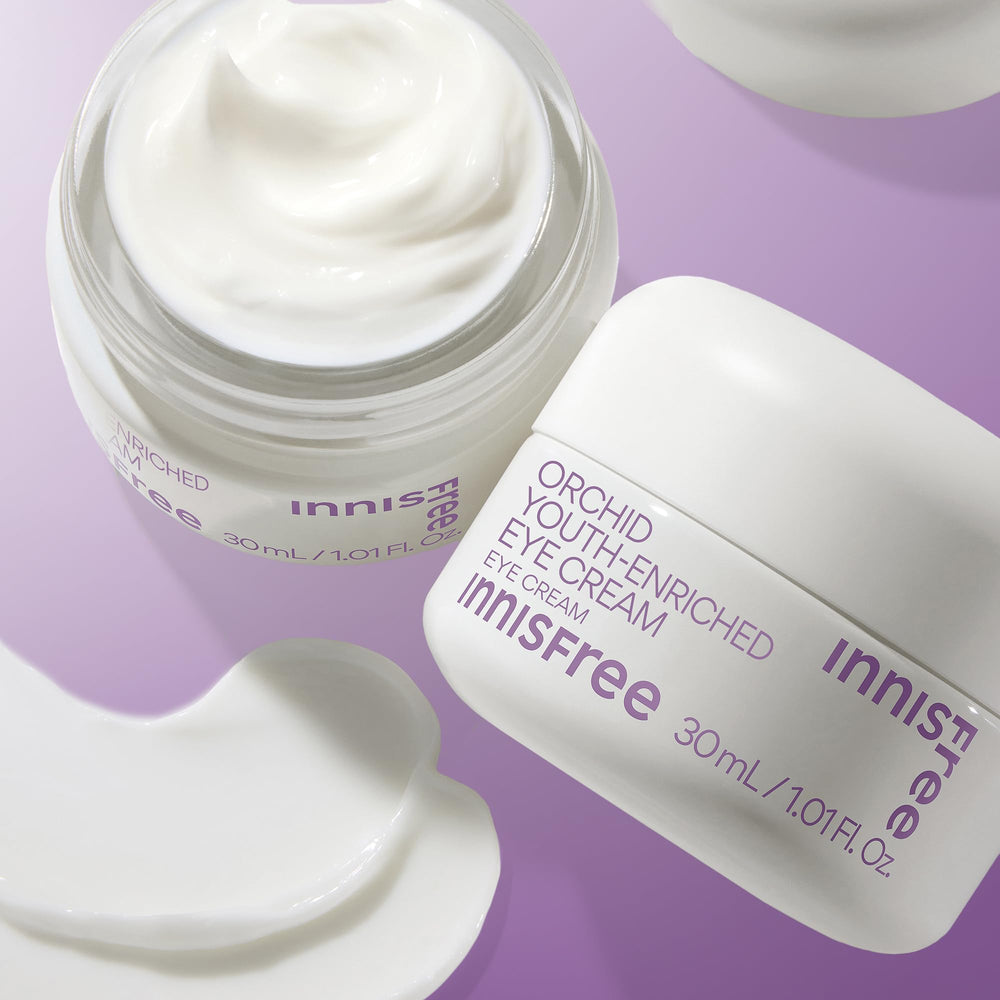 Innisfree Orchid Eye Cream texture swatch on skin, showcasing hydration.