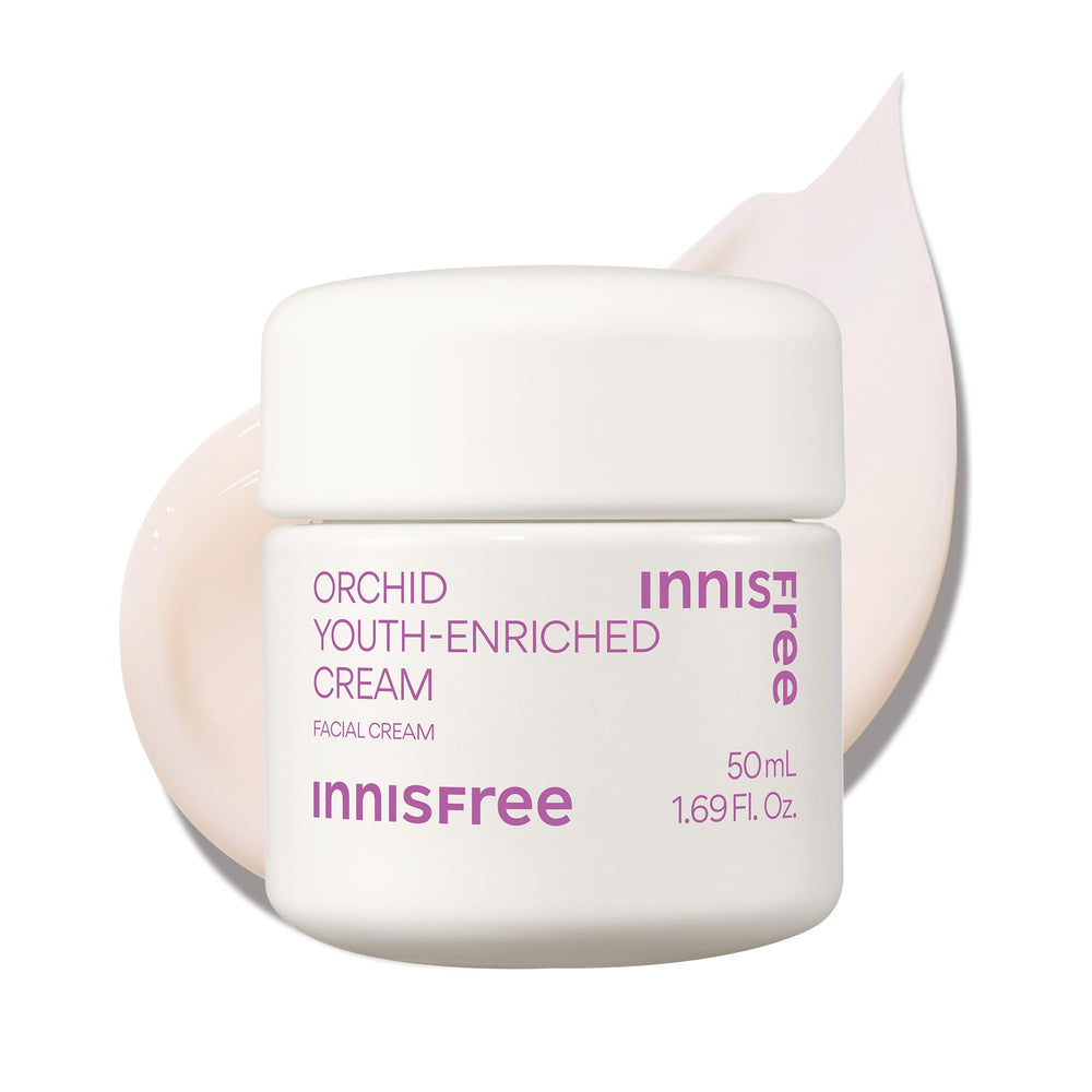 Innisfree Orchid Youth-Enriched Cream jar close-up shows rich hydration.