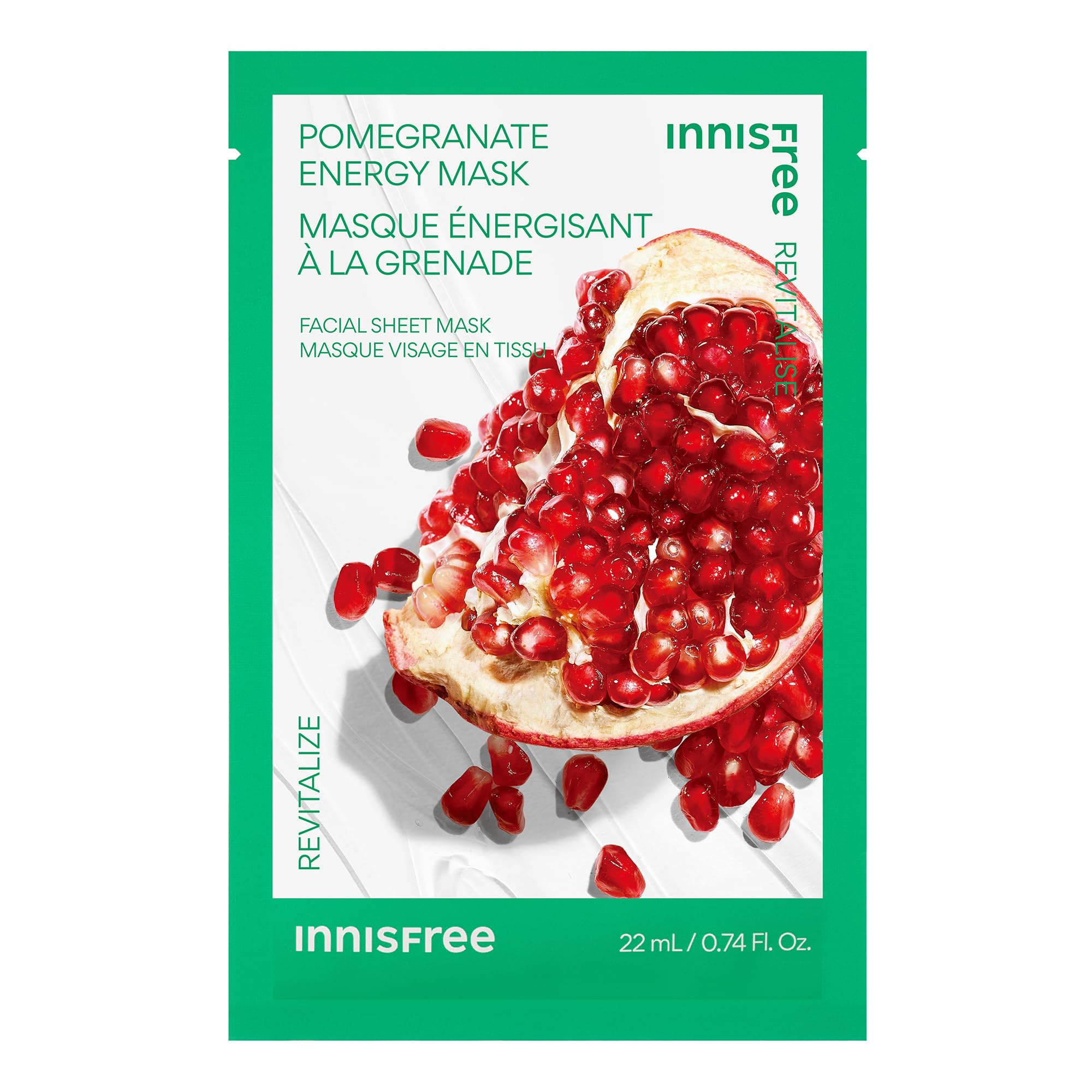 Innisfree Pomegranate Energy Mask on the face provides even coverage and hydration.
