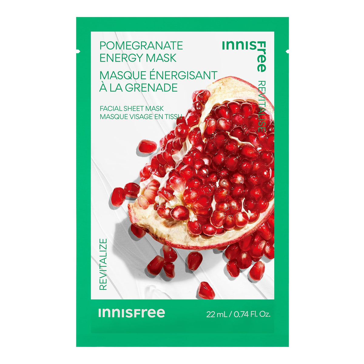 Innisfree Pomegranate Energy Mask on the face provides even coverage and hydration.
