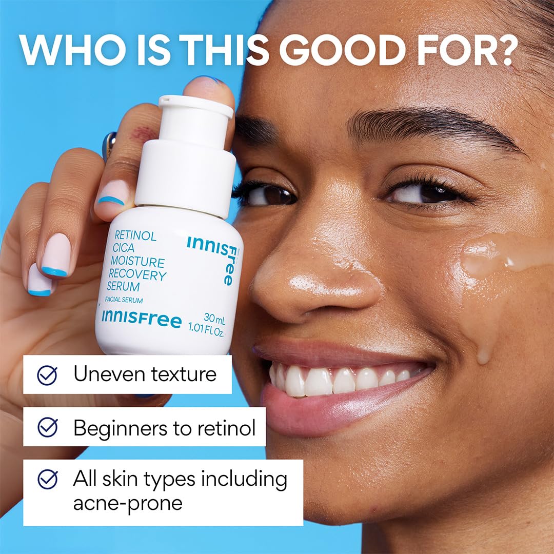 Innisfree Retinol Cica Serum applied to cheek with gentle tapping motion