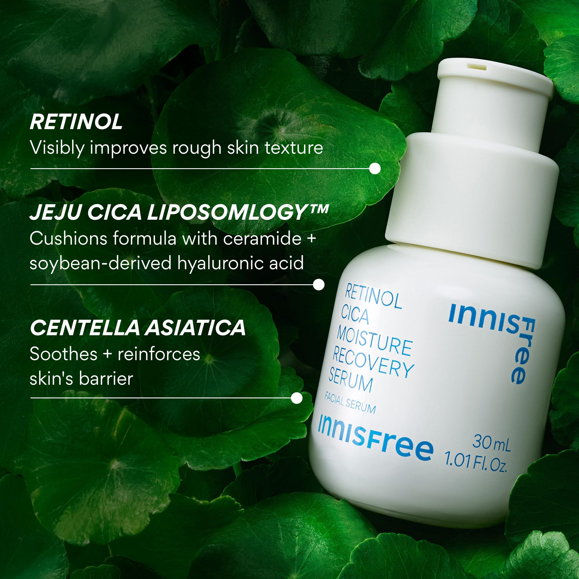 Innisfree Retinol Cica Serum packaging emphasizes Cica Liposome technology