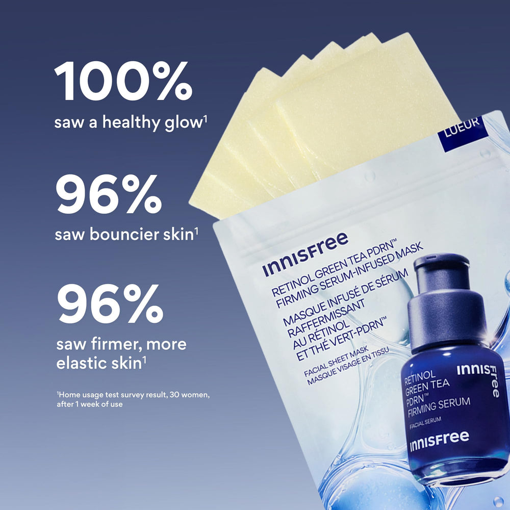 Innisfree Retinol Green Tea PDRN mask on face ready for 10-minute treatment.