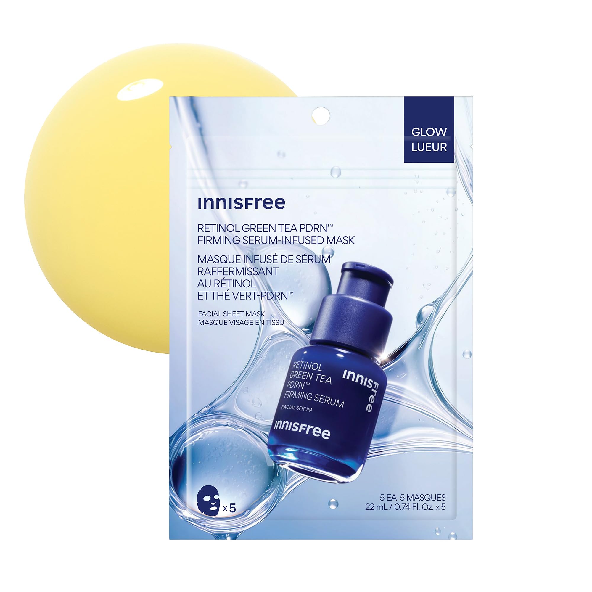 Innisfree Retinol Green Tea PDRN mask packaging signals premium daily skincare.
