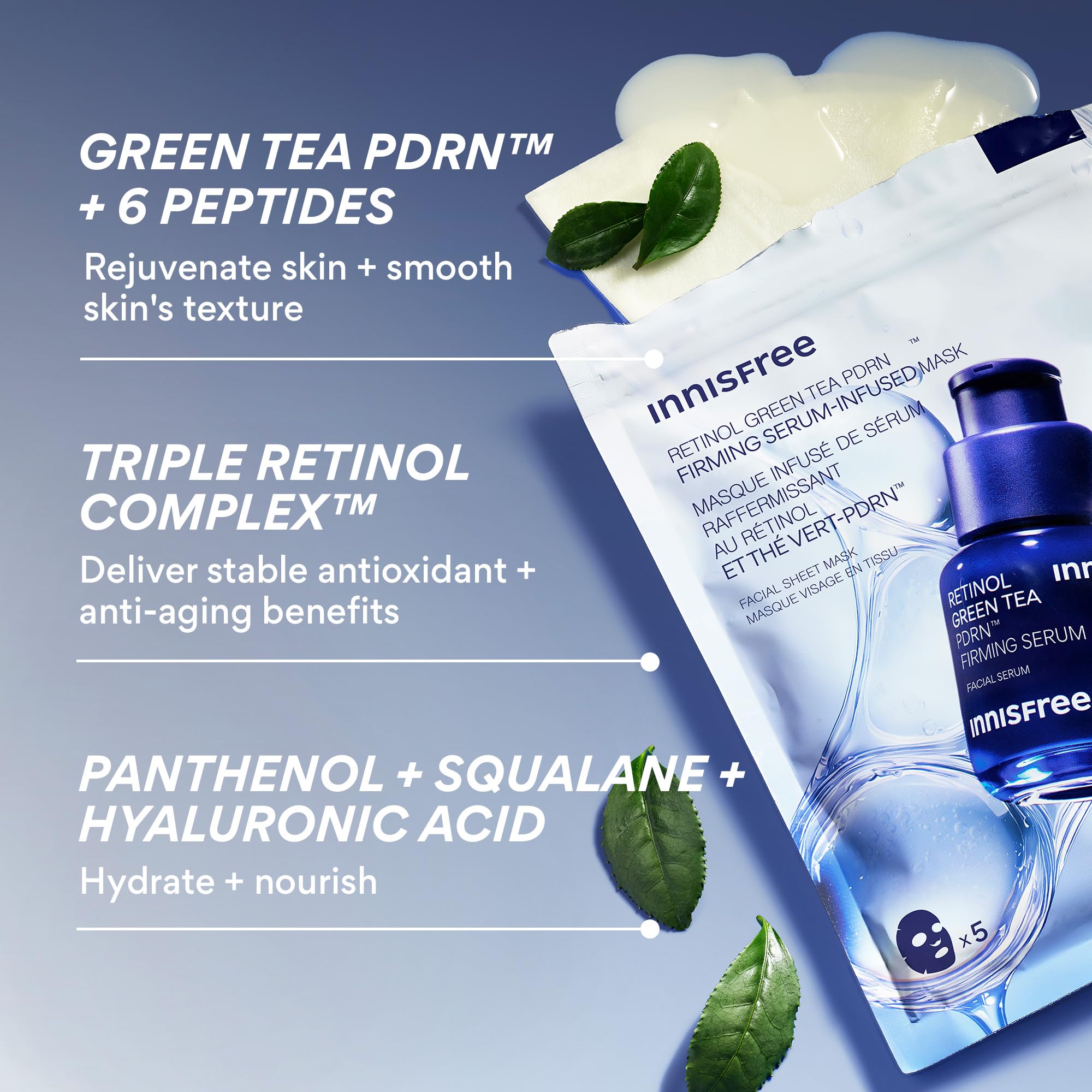 Innisfree Retinol Green Tea PDRN mask closeup shows rich serum detail.